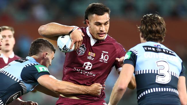 Maroons prop Tino Fa’asuamaleaui was superb in his Origin debut in Queensland’s 18-14 win over NSW. Picture: Getty Images