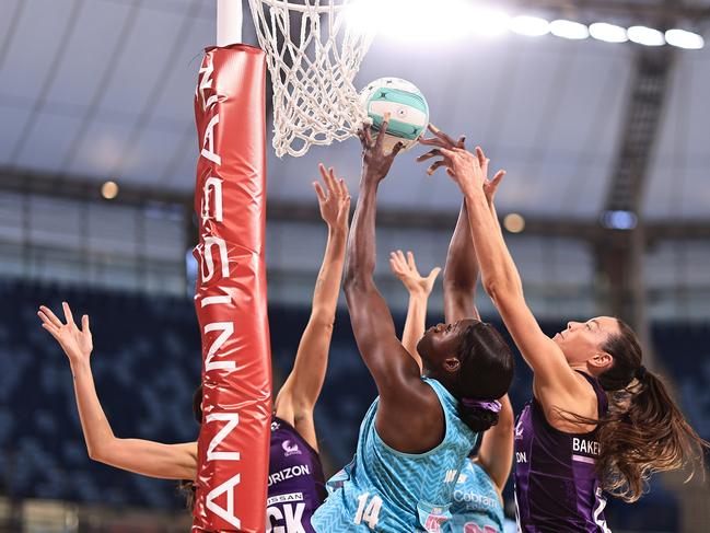 Mavericks’ Shimona Jok for the ball with Ruby Bakewell-Doran from the Firebirds. Picture: Getty Images