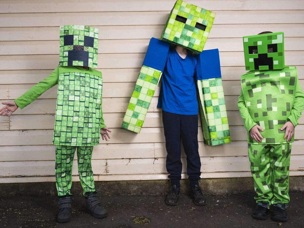 Minecraft characters (from left) Harrison McNab, Harvey Rasmussen and Carter Everson for Book Week at Rangeville State School, Friday, August 25, 2023. Picture: Kevin Farmer