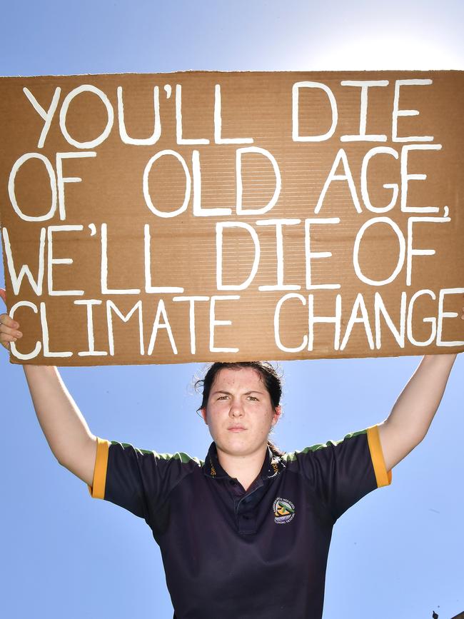 Laura Slorach of Narangba Valley state high school at the School Strike 4 Climate in Brisbane. Picture: NCA NewsWire / John Gass