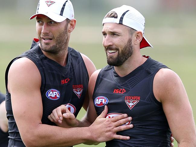 Essendon training at Tullamarine. Tom Bellchambers and Cale Hooker .Pic : Michael Klein