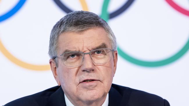 International Olympic Committee (IOC) president Thomas Bach from Germany speaks during a press conference after the executive board meeting of the International Olympic Committee (IOC), at the Olympic House, in Lausanne, Switzerland, Wednesday, March 4, 2020. (Jean-Christophe Bott/Keystone via AP)