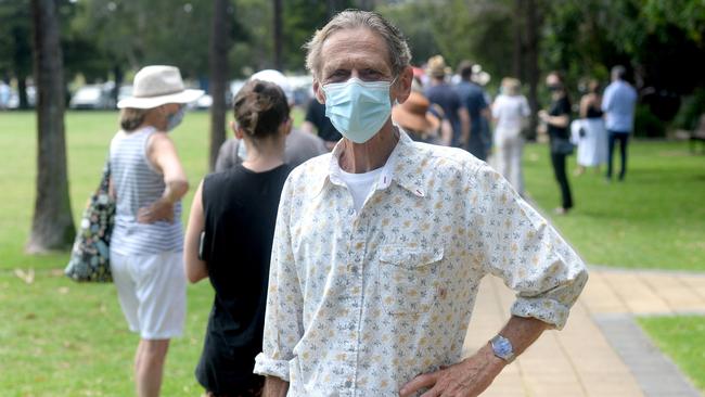 Sam, an Avalon resident lines up at the Avalon Recreation Centre for COVID-19 testing. He will have to self-isolate for 14 days, from Thursday. Picture: NCA NewsWire / Jeremy Piper