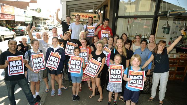 Yarraville traders and residents united to oppose paid parking in the Yarraville shopping village. Picture: Kris Reichl