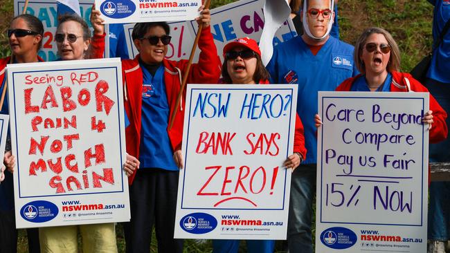 NSW Nurses and midwives rallying outside the Ministry of Health building in St Leonards in June. Picture: Justin Lloyd