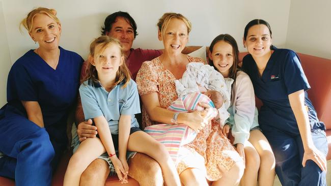 The Espie family with Tweed Valley Hospital midwife Rebecca Thorne and student midwife Carrie Rollings. The family's baby boy was the first born at the new hospital. Picture: Supplied