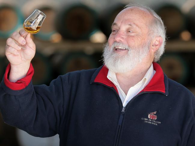 Bill Lark with a glass of the new whisky. The worldÕs best-travelled whisky is being bottled right now in Tasmania. Originally placed in two unique 20-litre Australian fortified wine barrels in 2013 and loaded on board Spirit of Tasmania I and II more than 12-months ago, the whisky has matured on 403 crossings, travelling 172,887 kilometers in the process.