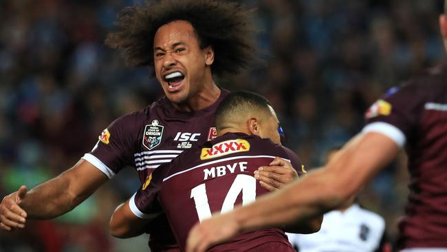 Felise Kaufusi celebrates scoring the opening try of Origin III. Picture: Adam Head