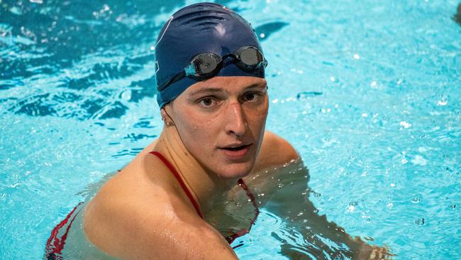 Thomas finishes the 200-yard freestyle for the University of Pennsylvania at an Ivy League swim meet against Harvard University in January. Picture: AFP