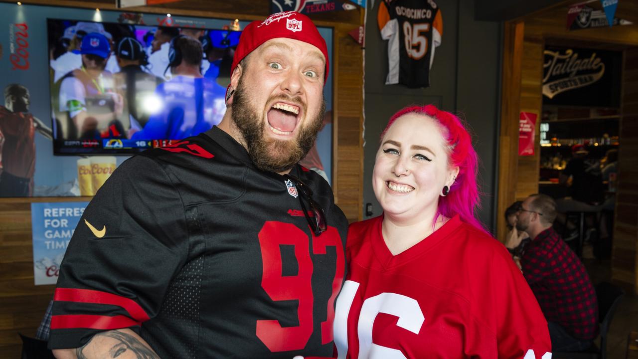 Cam Lewis and Tamara Vernon watch the NFL Super Bowl at Tailgate Sports Bar, Monday, February 14, 2022. Picture: Kevin Farmer