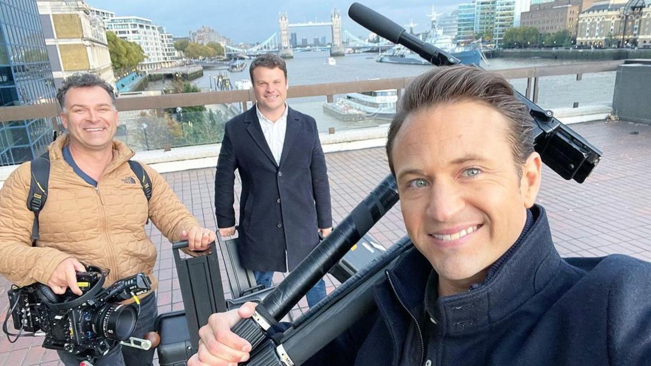 Weekend Sunrise host Matt Doran and crew in London on November 4 before the interview with Adele during which Doran admitted he had not heard the singer’s new album, 30.