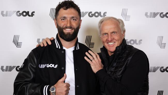 Jon Rahm with Greg Norman. The Spaniard’s defection could be a turning point in golf’s bitter divide. (Photo by Scott Taetsch/LIV Golf)