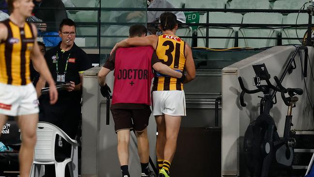 Connor Macdonald suffered an ankle injury. Picture: Michael Willson/AFL Photos via Getty Images