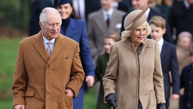 King Charles and Queen Camilla arrive for the Royal Family's traditional Christmas Day service at St Mary Magdalene Church in Sandringham. Picture: AFP