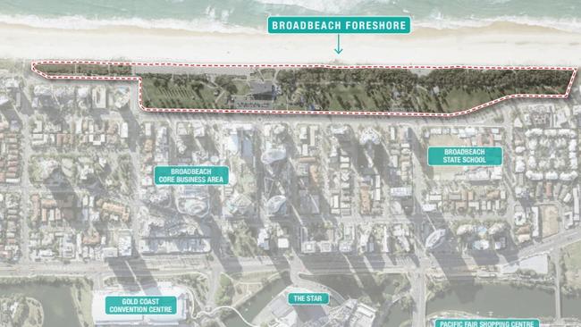 The beach bar proposed for Kurrawa on the Gold Coast. This graphic shows the foreshore area at Broadbeach where planning is occurring.