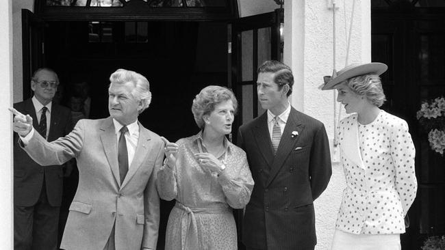 Then-Australian Prime Minister Bob Hawke and Hazel Hawke with Charles and Diana, Princess of Wales in 1985 in Canberra. Picture: Claude Coirault/Pool/AFP