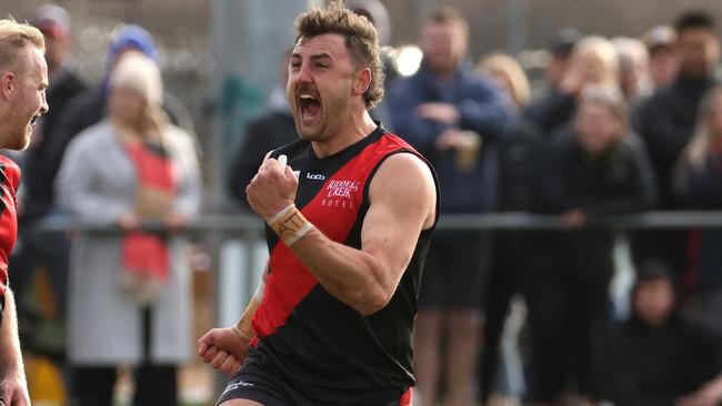 Dylan Tarczon celebrates a goal for Riddell. Picture: Hamish Blair