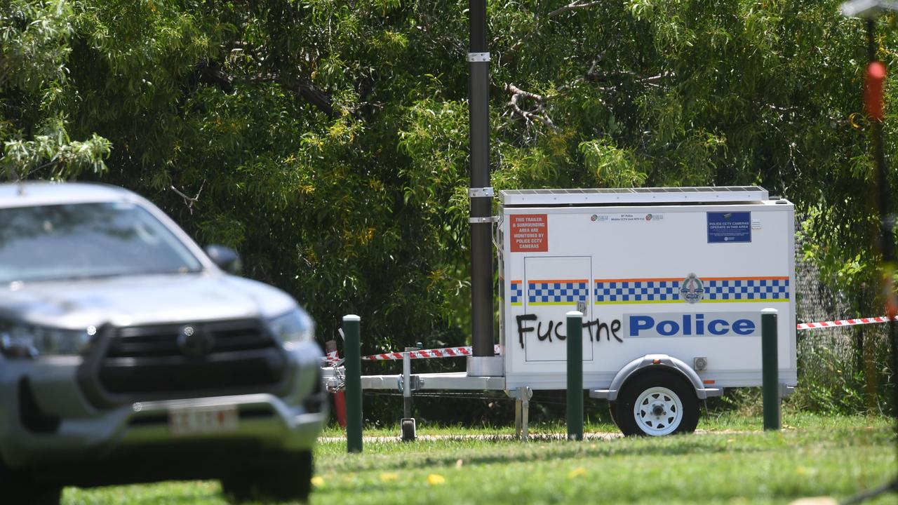 Graffiti appears on a Police surveillance van near Ascension Park where an alleged police shooting of a young Aboriginal man happen in Palmerston suburb of Gray. Picture: (A)manda Parkinson