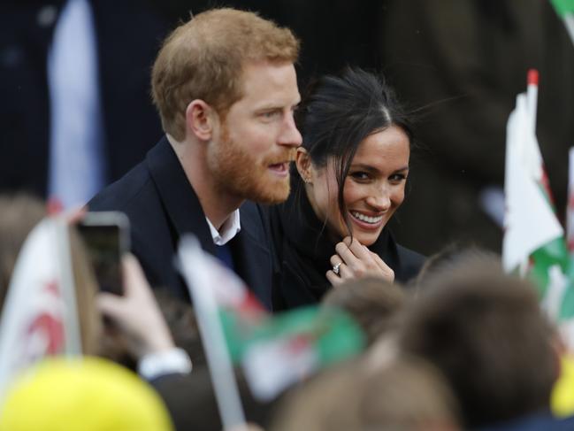 Britain’s Prince Harry and his fiancee Meghan Markle arrive for a visit to Cardiff Castle in Cardiff, Wales, Thursday, Jan.18, 2018. Picture: AP