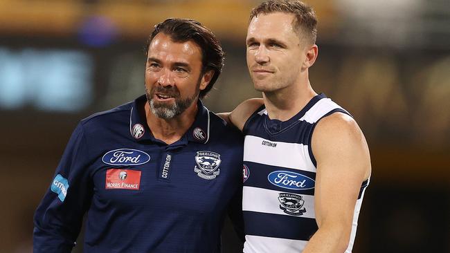 AFL. 1st Semi Final . 10/10/2020.  Geelong vs Collingwood at the Gabba, Brisbane.   Chris Scott, Senior Coach of the Cats and skipper Joel Selwood pre game   . Pic: Michael Klein