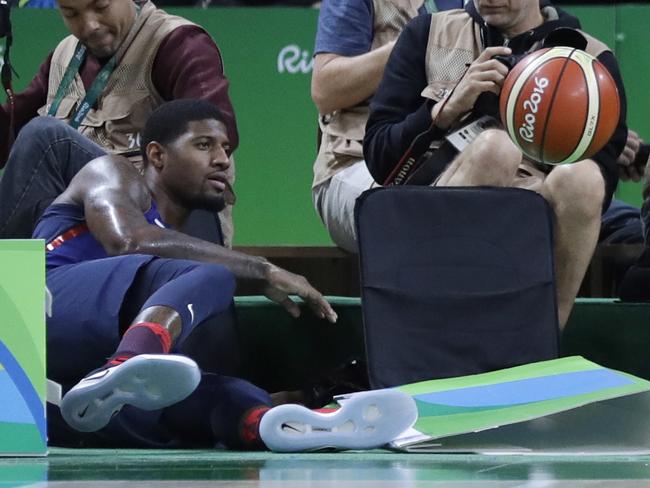 United States' Paul George after chasing a loose ball out of court.