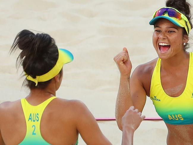 GOLD COAST, AUSTRALIA - APRIL 10:  Mariafe Artacho del Solar and Taliqua Clancy of Australia celebrate during the Beach Volleyball Womens Quarterfinal match between Mariafe Artacho del Solar and Taliqua Clancy of Australia and Charlotte Nzayisenga and Denyse Mutatsimpundu of Rwanda on day six of the Gold Coast 2018 Commonwealth Games at Coolangatta Beachfront on April 10, 2018 on the Gold Coast, Australia.  (Photo by Scott Barbour/Getty Images)