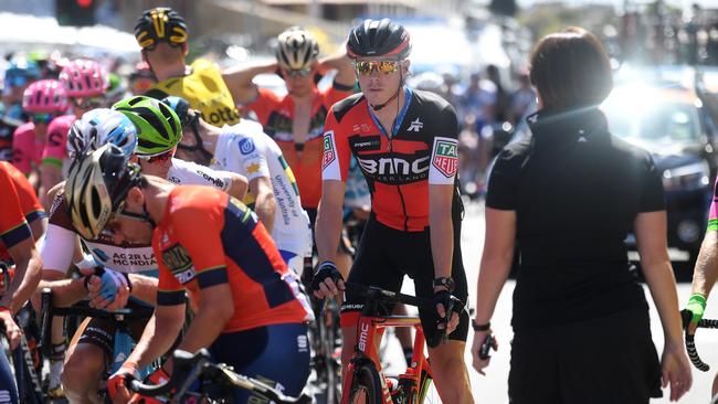 Australian rider Rohan Dennis of team BMC, centre, at the start of stage one of the Tour Down Under from Port Adelaide to Lyndoch. Picture: AAP Image/Dan Peled