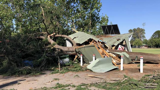 The barbecue and area destroyed by the tree following a storm in Benalla over the weekend. Picture: Benalla Football Netball Club.