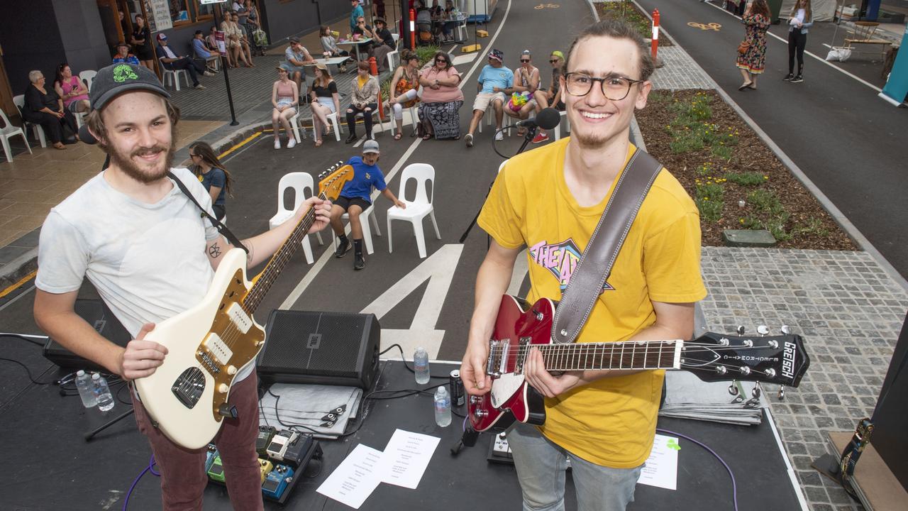 (from left) Eliot Argus and Campbell Patterson from Cardboard Cutouts. Russell Street Refresh block party. Saturday, November 20, 2021. Picture: Nev Madsen.