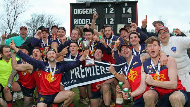 Diggers Rest celebrate their 2016 RDFL premiership. Picture: Aaron Cook