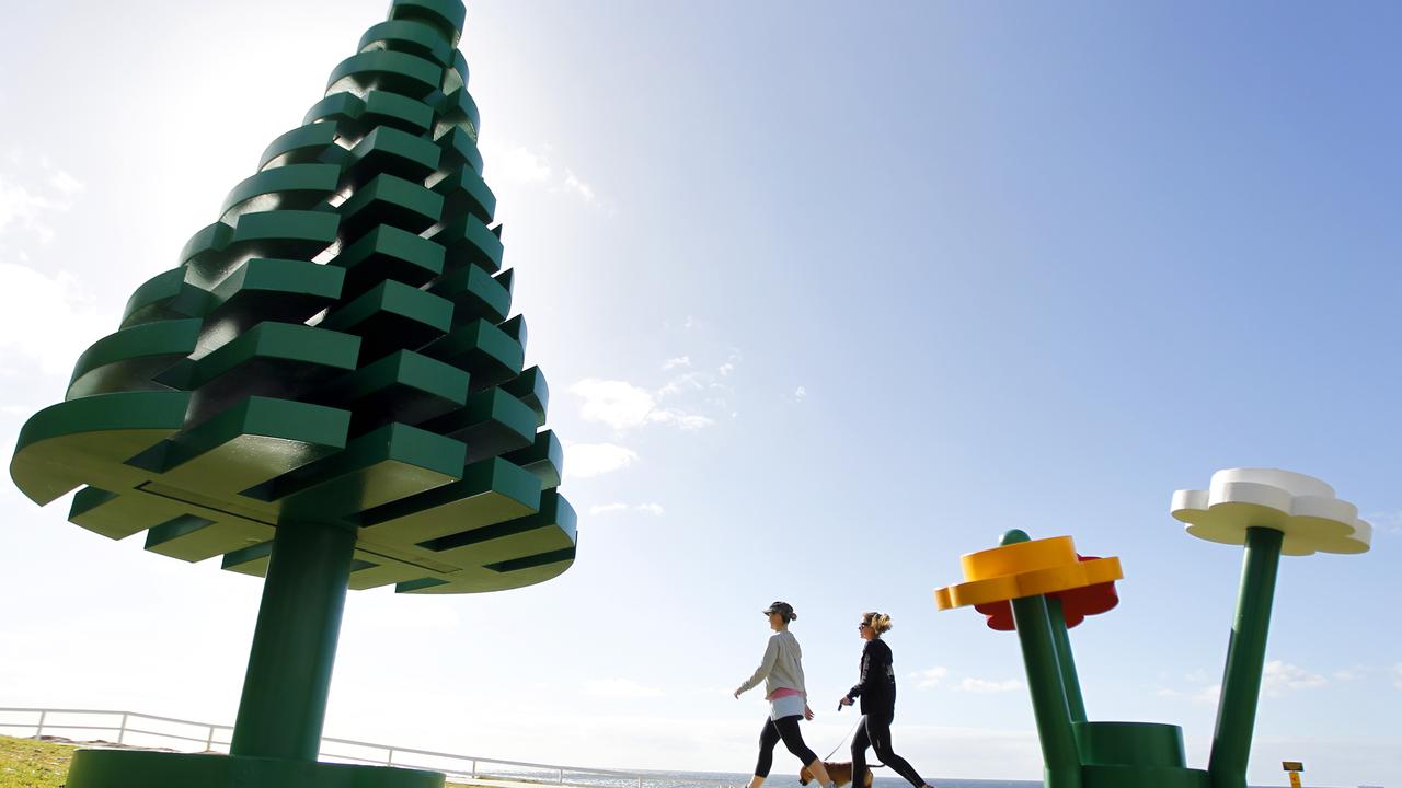 The 15 famous LEGO pine trees and several flower sets have been recreated and supersized to be 66 times bigger. The LEGO trees are now located at Dunningham Reserve, Coogee and marks the 50th anniversary of the LEGO brick in Australia. Picture: Brad Hunter