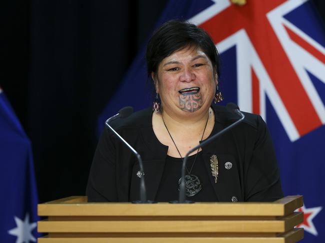 WELLINGTON, NEW ZEALAND - APRIL 22: Minister of Foreign Affairs Nanaia Mahuta talks to media during a press conference at Parliament on April 22, 2021 in Wellington, New Zealand. Australian Minister for Foreign Affairs Marise Payne is on a two-day visit to New Zealand for formal foreign policy discussions with New Zealand Minister of Foreign Affairs Nanaia Mahuta.  It is the first face-to-face Foreign Ministers' consulations since the COVID-19 pandemic began.  (Photo by Hagen Hopkins/Getty Images)