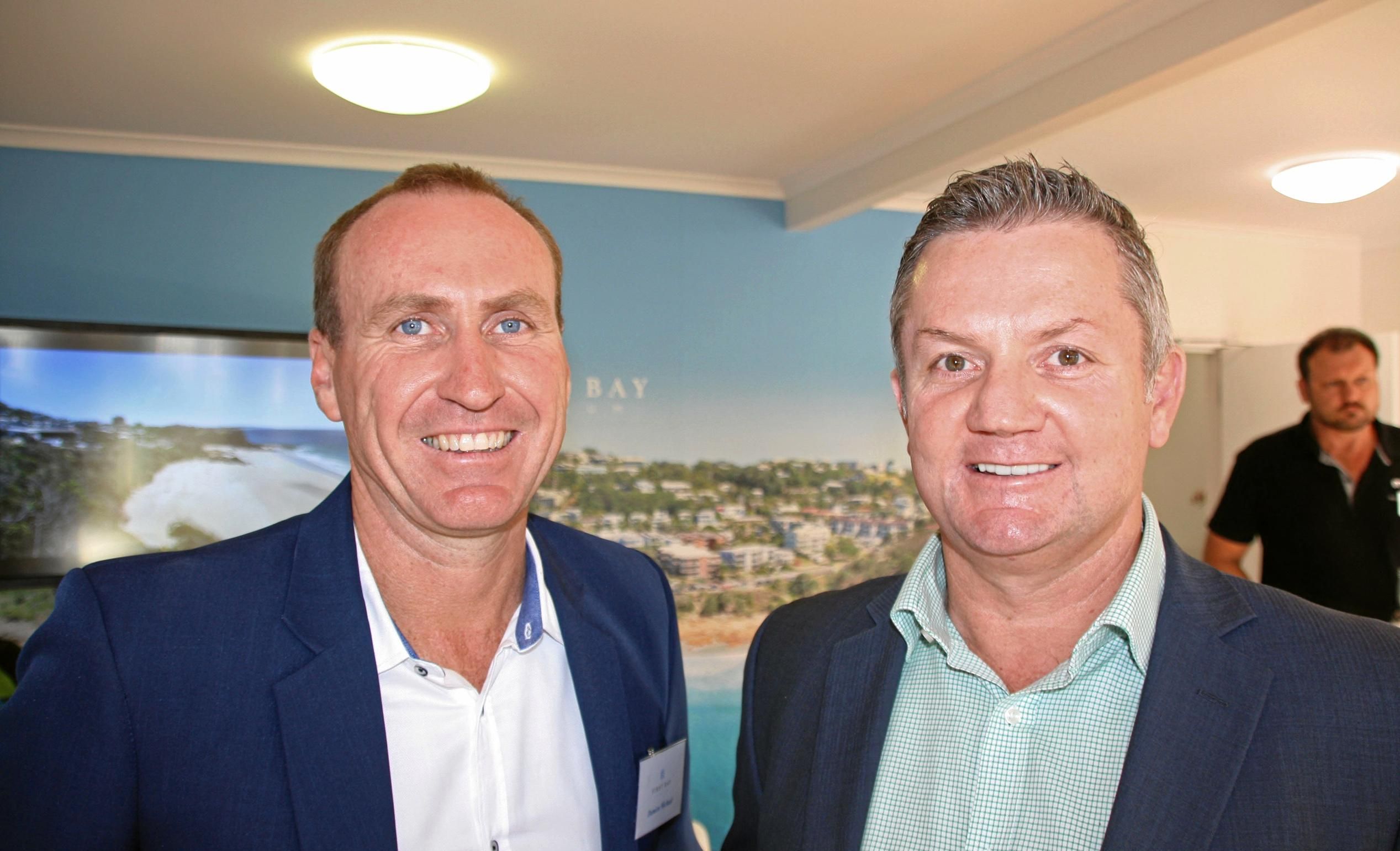 Damien Michael and Chris Pace of McGrath Estate Agents at Mooloolaba to celebrate the launch of the luxury First Bay Coolum development. Picture: Erle Levey