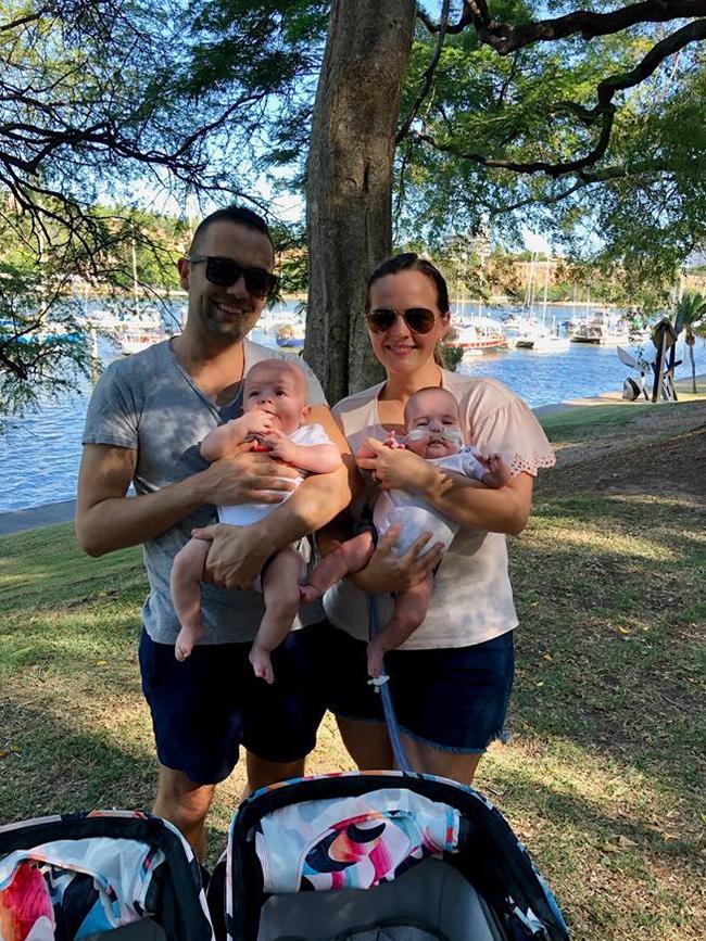 Steven and Jenna du Preez with Twins Henry and Archie on Archie's great adventure day on January 16, 2019. The Brisbane couple took Archie home and then took him for a walk through the City Botanic Gardens for the first and only time. Photo: du Preez/Facebook.