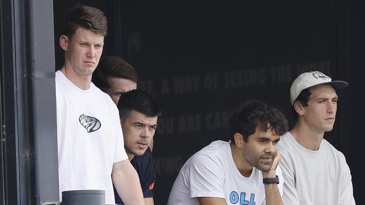 Sam Walsh (left) watches on with Blues Matt Kennedy, Jack Martin and Caleb Marchbank during Carlton’s scratch match against Geelong at Ikon Park on Friday. Picture: Michael Klein