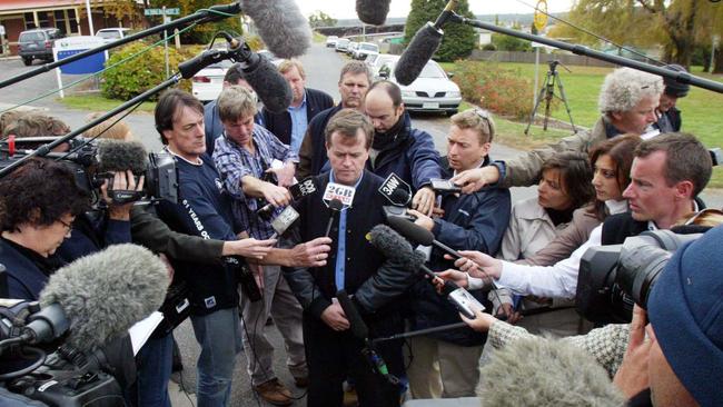 Bill Shorten, then Australian Manufacturing Workers’ Union secretary, in the thick of the media throng outside the Beaconsfield gold mine. Picture: LINDSAY MOLLER