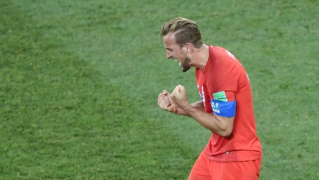 England's forward Harry Kane celebrates after winning the  Russia 2018 World Cup Group G football match between Tunisia and England at the Volgograd Arena in Volgograd on June 18, 2018. / AFP PHOTO / Nicolas ASFOURI / RESTRICTED TO EDITORIAL USE - NO MOBILE PUSH ALERTS/DOWNLOADS