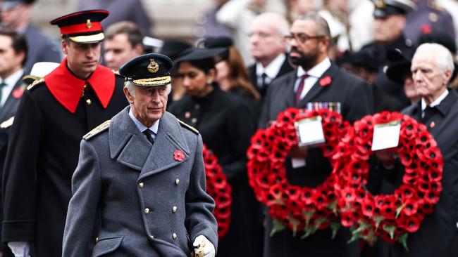 King Charles III followed by Prince William arriving for the Remembrance Sunday ceremony at the Cenotaph on Whitehall in London. Picture: AFP