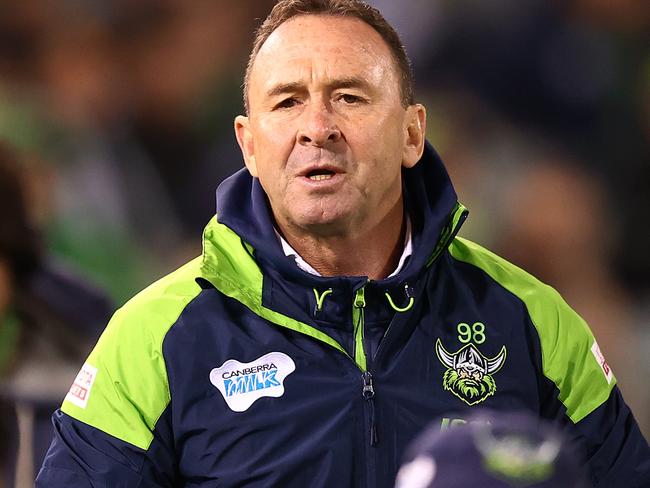 CANBERRA, AUSTRALIA - APRIL 29: Raiders coach Ricky Stuart watches on during the round eight NRL match between the Canberra Raiders and the South Sydney Rabbitohs at GIO Stadium, on April 29, 2021, in Canberra, Australia. (Photo by Mark Nolan/Getty Images)