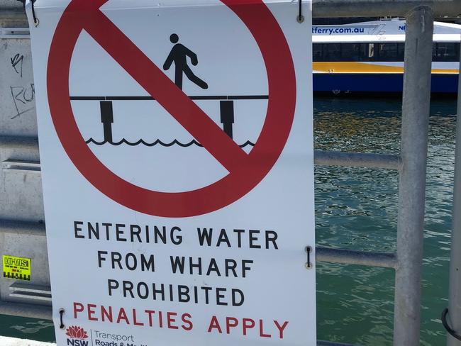 Signs are meant to discourage people jumping from Manly Wharf.