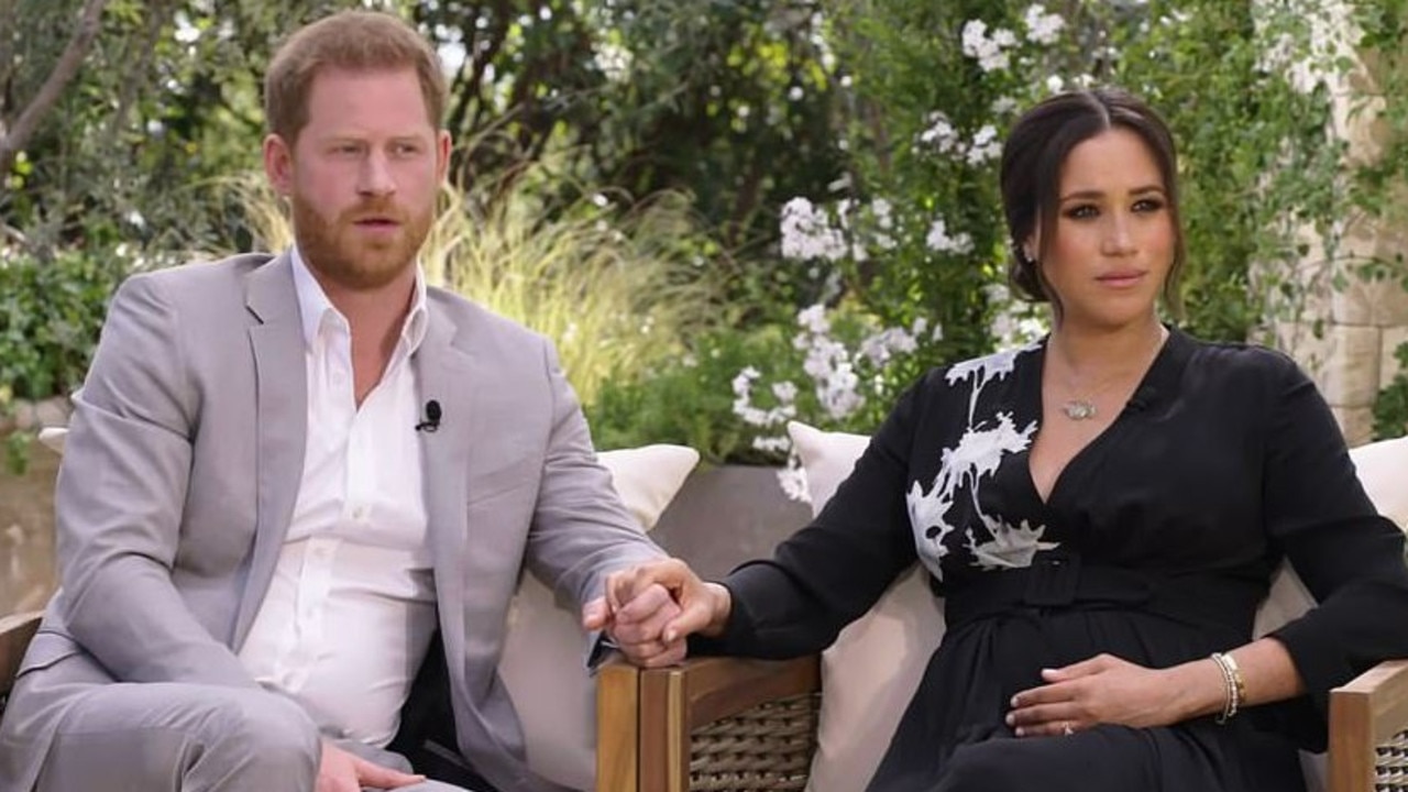 Grabs from the trailer of Harry and Meghan’s upcoming Oprah interview. Picture: CBS