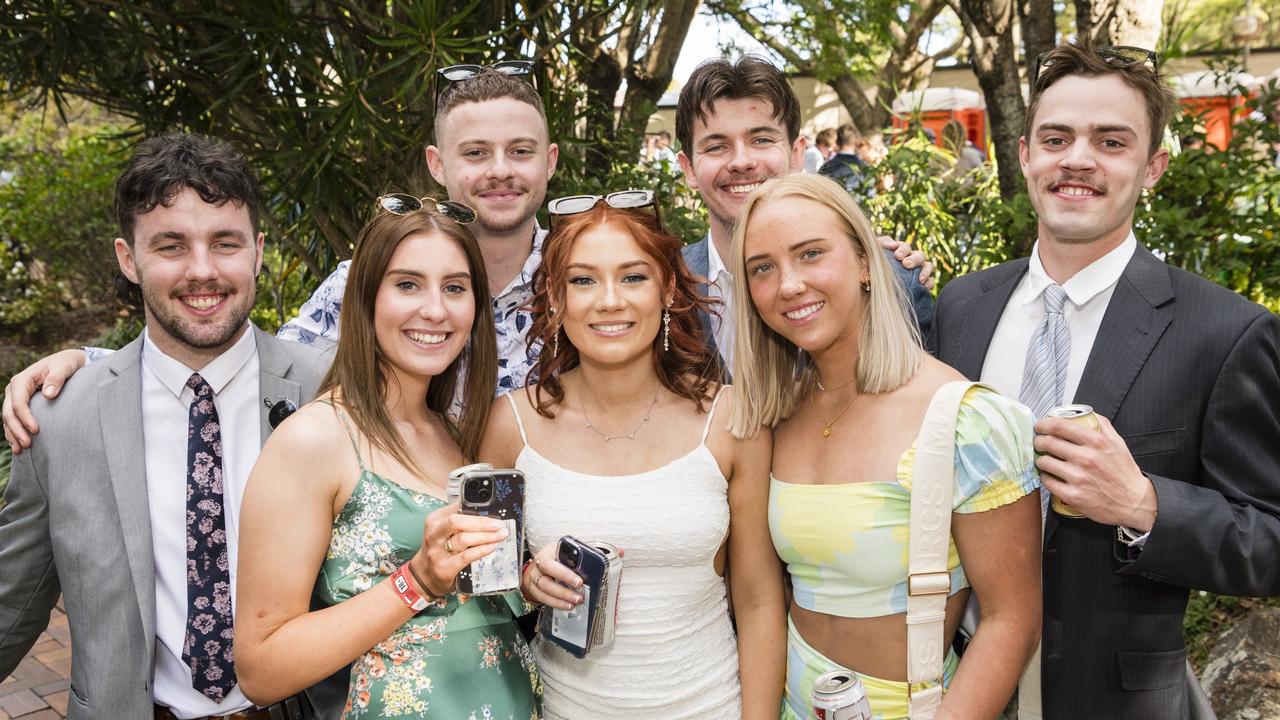 At 2023 Audi Centre Toowoomba Weetwood race day are (from left) Jack Craig, Ainsley Edwards, Hunter Lee, Jocelyn Smith, Jackson Croft, Nicole van Rhijn and Harley Lawrie. Picture: Kevin Farmer