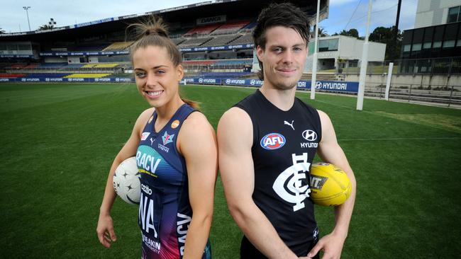 Sporty siblings Tayla and Josh Honey at Princes Park. Picture: Andrew Henshaw