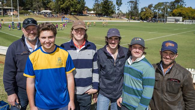 Supporting TGS are (from left) Dan Ford, Lachlan Hawkins, Henry Ford, Tom Schutt, Joe Johnston and Clint Hawkins on Grammar Downlands Day at Toowoomba Grammar School, Saturday, August 19, 2023. Picture: Kevin Farmer