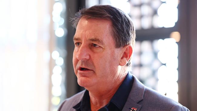 MELBOURNE, AUSTRALIA - NOVEMBER 19: St Kilda AFL Coach Ross Lyon speaks on stage during the Saint Kilda Saints Crest Reveal on November 19, 2024 in Melbourne, Australia. (Photo by Morgan Hancock/AFL Photos/via Getty Images)