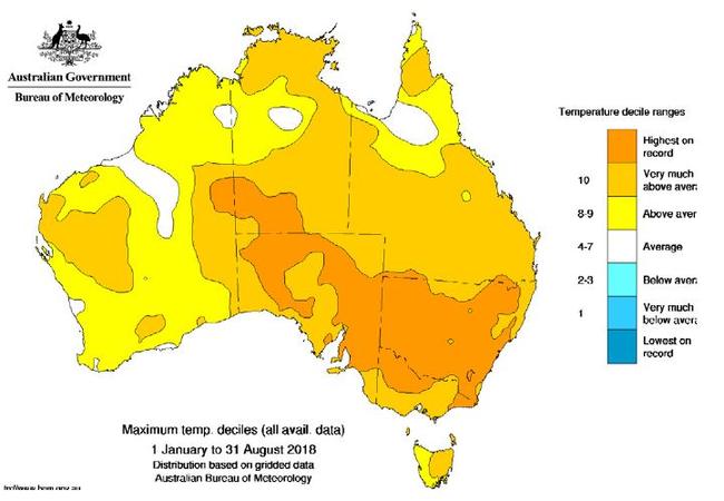 Temperatures across Australia this year compared to the average.