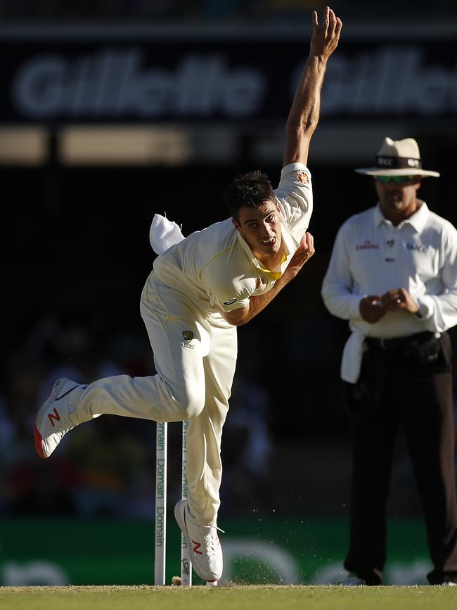 Pat Cummins in action during the first Test in Brisbane.