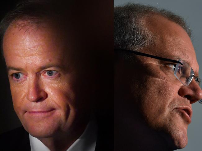 A comparison diptych generated on Monday, May 6, 2019, of  Australian Opposition Leader Bill Shorten is seen at the launch of Labor's federal election campaign at the Brisbane Convention and Exhibition Centre in Brisbane, Sunday, May 5, 2019. A Federal election will be held in Australian on Saturday May 18, 2019 (AAP Image/Darren England) NO ARCHIVING ***** Prime Minister Scott Morrison at a press conference in Windaroo, 40km south of Brisbane, Saturday, May 4, 2019. (AAP Image/Mick Tsikas) NO ARCHIVING