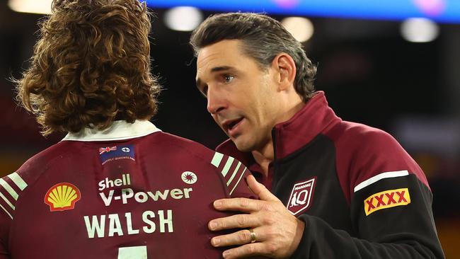 BRISBANE, AUSTRALIA - JULY 17:  QLD Maroons coach Billy Slater shakes hands with Reece Walsh of the Maroons after game three of the 2024 Men's State of Origin series between Queensland Maroons and New South Wales Blues at Suncorp Stadium on July 17, 2024 in Brisbane, Australia. (Photo by Chris Hyde/Getty Images)