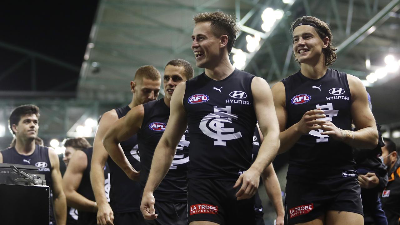 Liam Stocker (right) was another maligned Blue who stepped up. Picture: Dylan Burns/AFL Photos via Getty Images